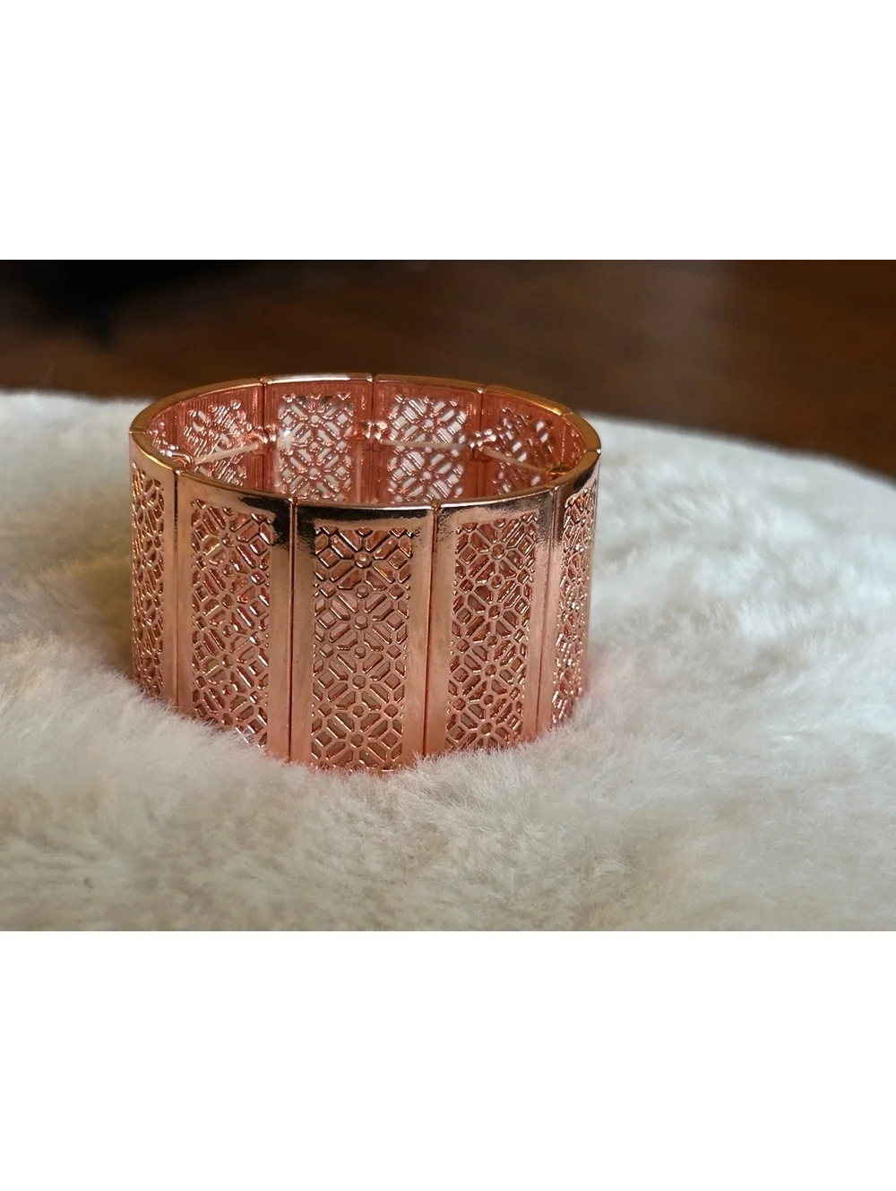 Wide Rose Gold Tone Stretch Bangle Bracelet with Intricate Pattern